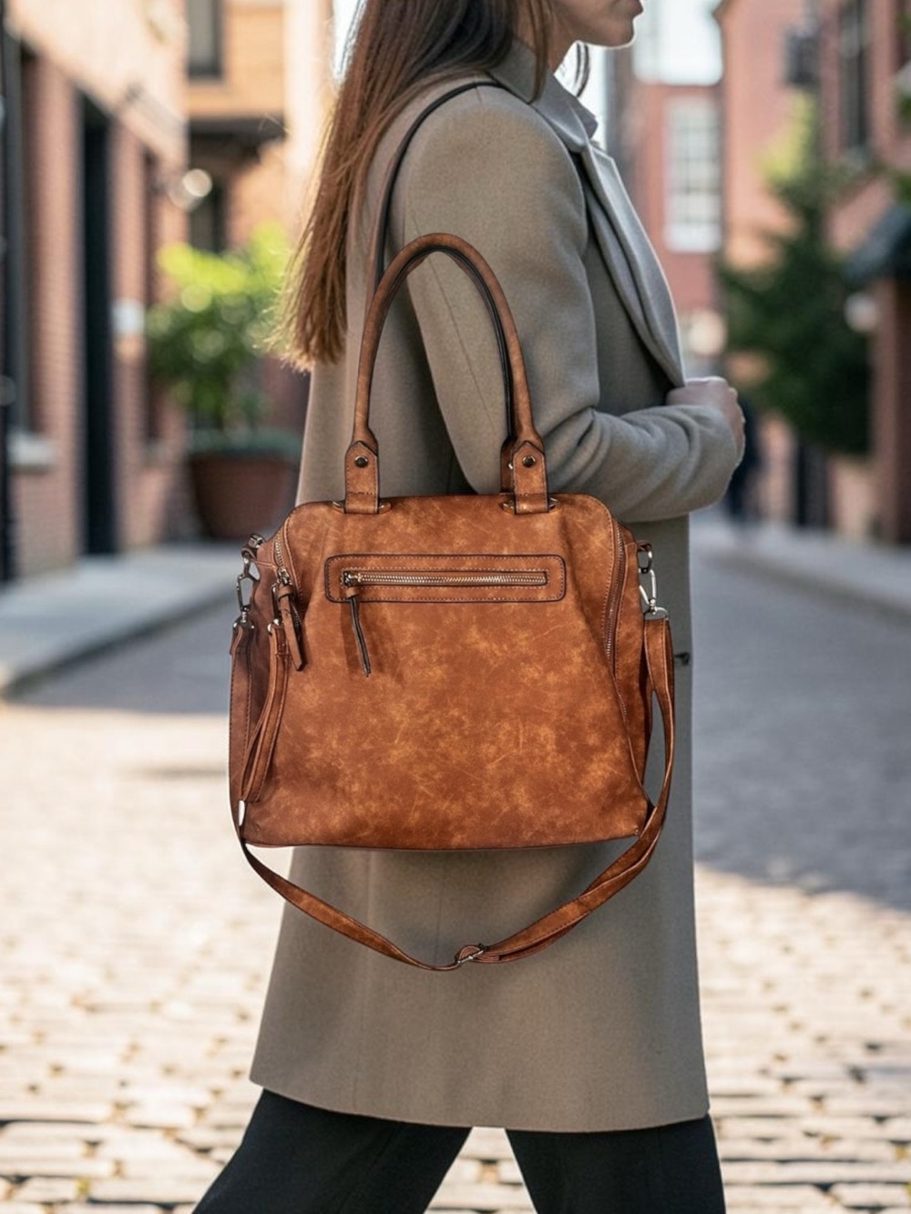 Vegan leather faux suede large handbag crossbody top handle minimalist preppy